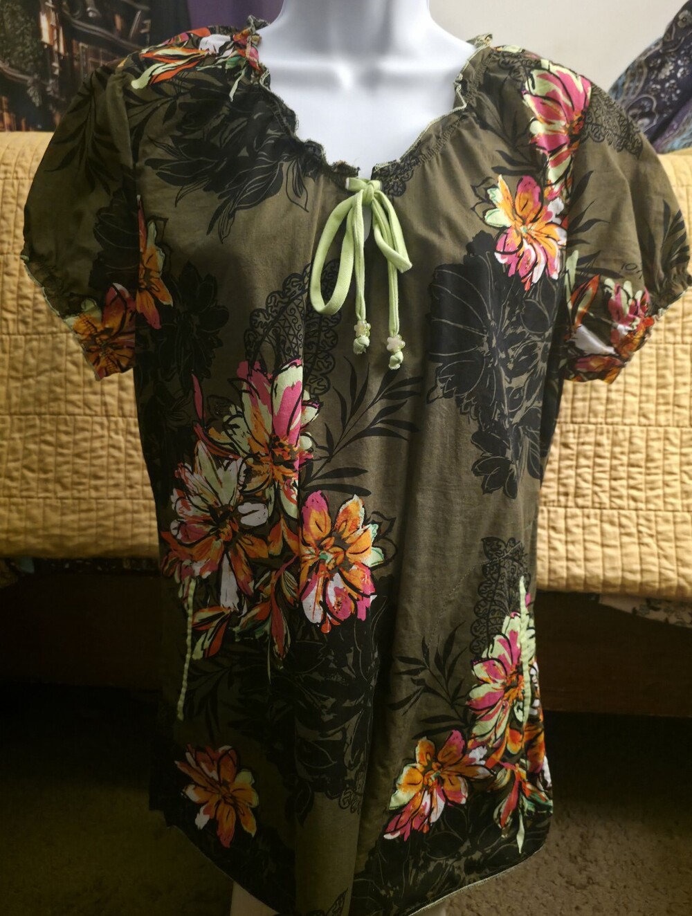 KOI Women's Floral Tie-Neck Scrub Top - Olive, Pink & Orange, Size Lg